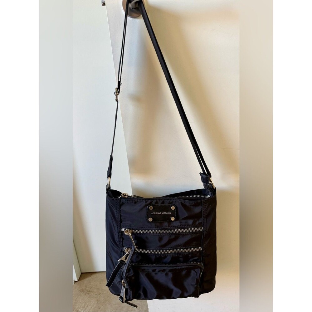Adrienne Vittadini Black Nylon Crossbody Bag - Silver Zippers EUC